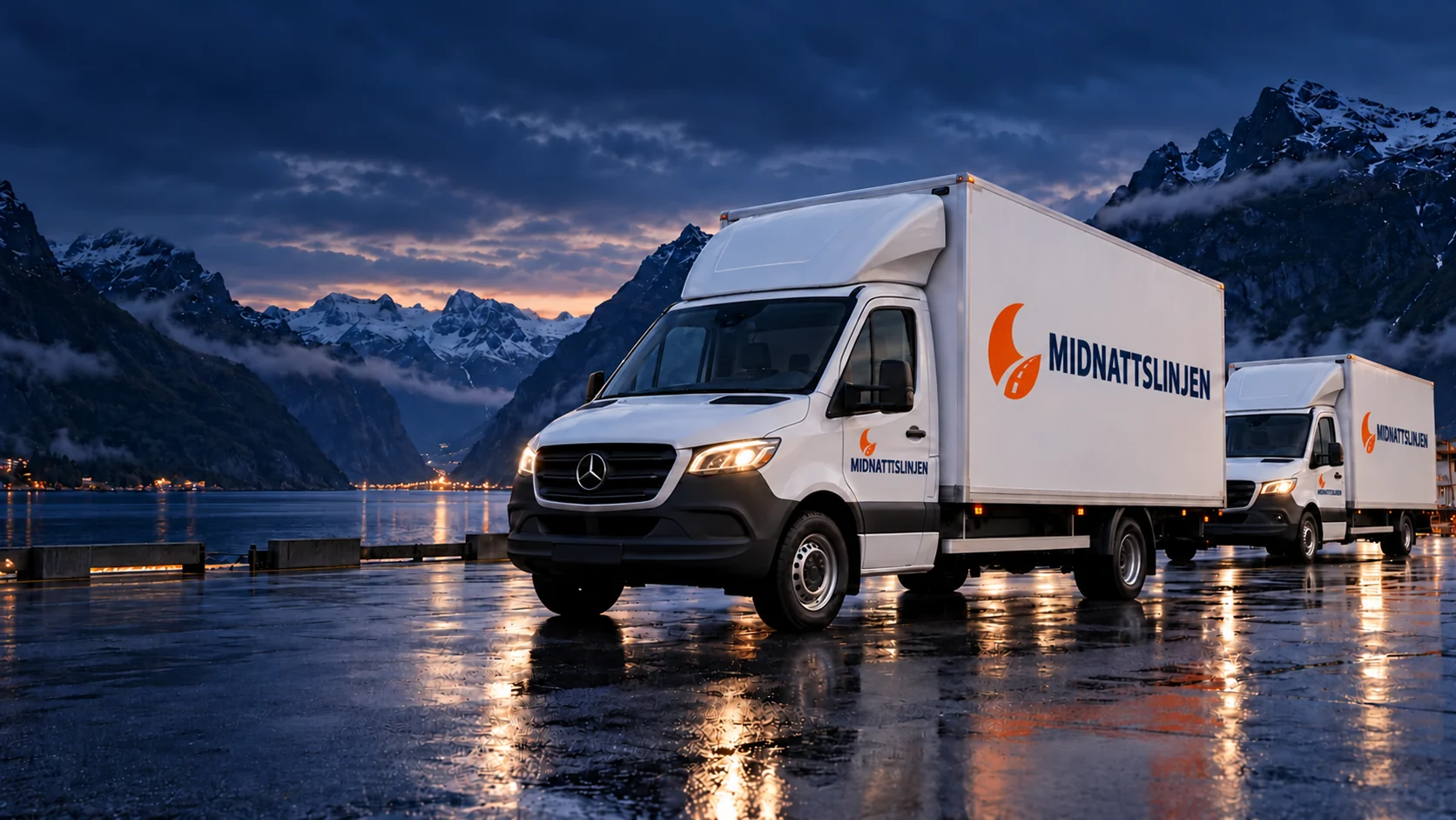 Midnattslinjen branding concept on two white Sprinter box vans
